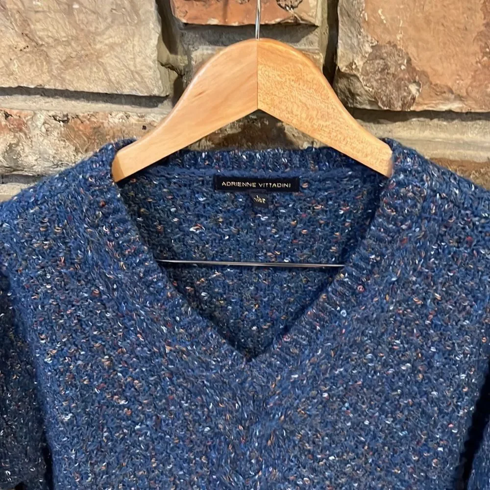 Adrienne Vittadini Blue Speckled V-Neck Knit Sweater